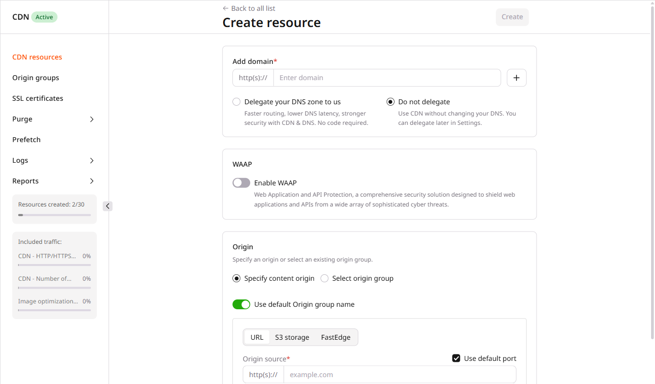 CDN resource creation form with URL tab and Origin source field