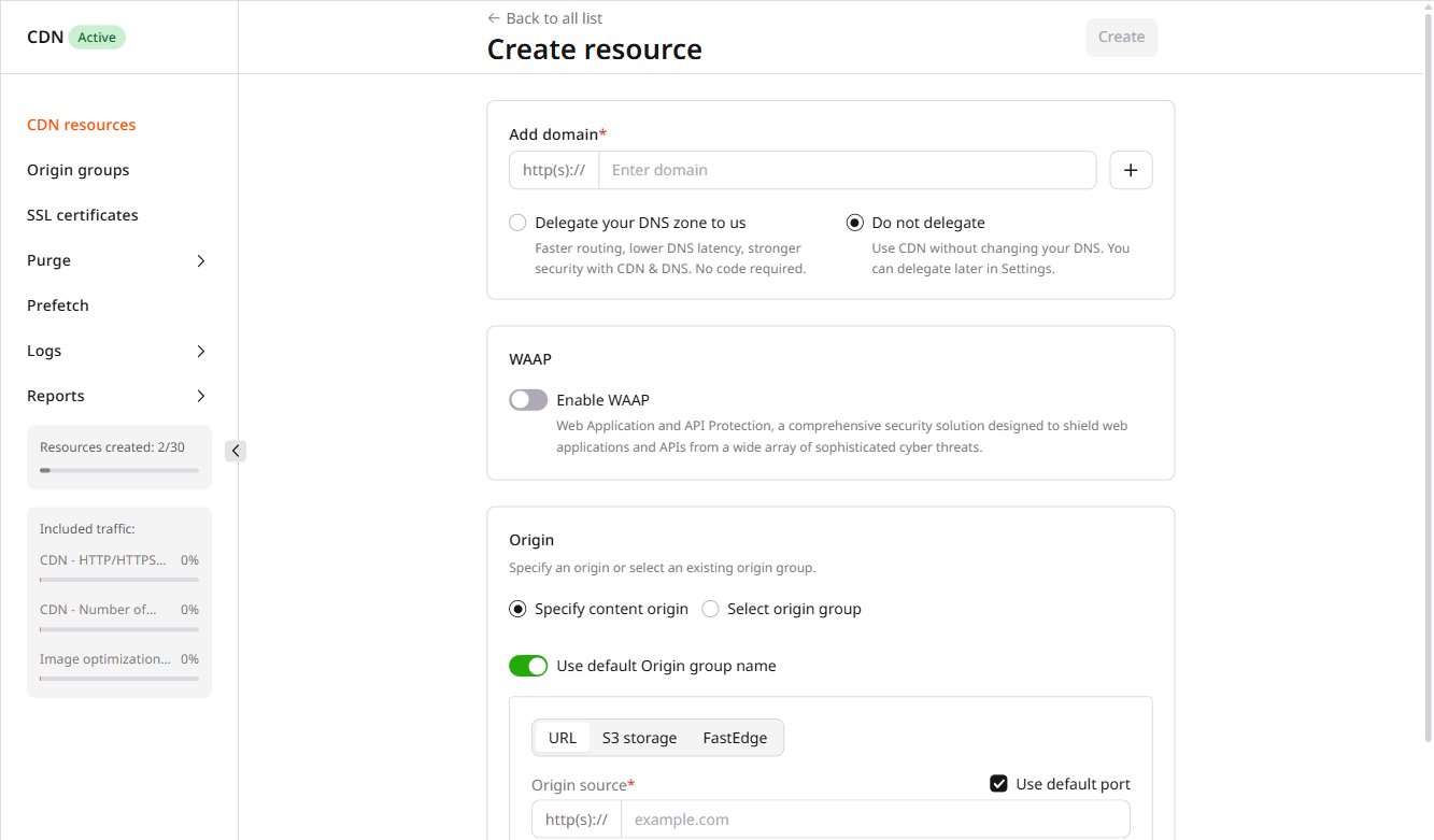CDN resource creation form with URL tab and Origin source field