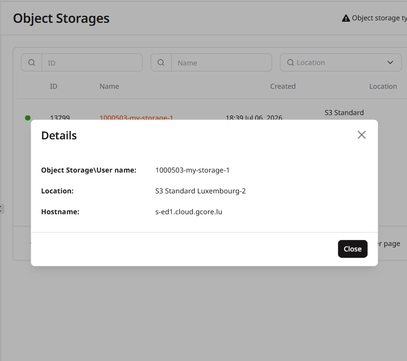 Storage details panel showing the storage name and hostname fields