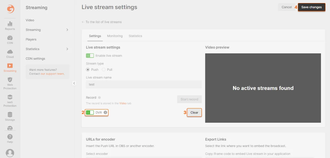 Live stream settings page