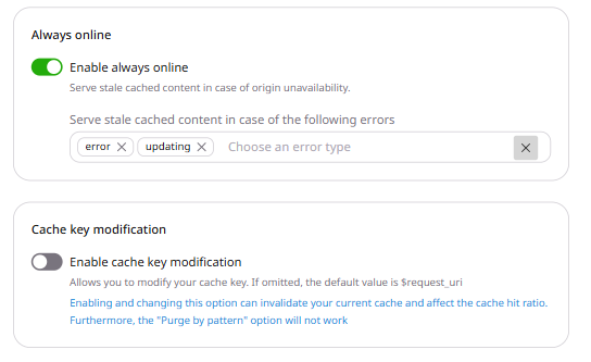 Resource settings with Cache expanded in the sidebar and Always online selected, showing the Enable always online toggle