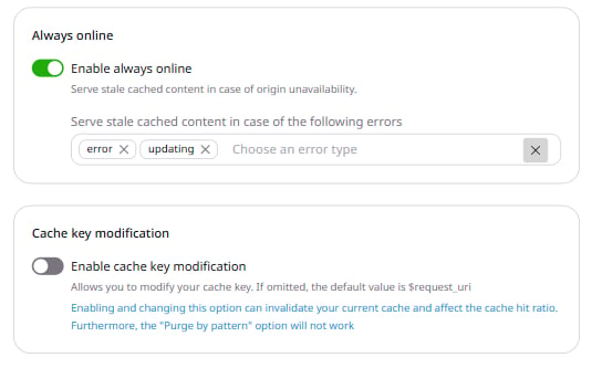 Resource settings with Cache expanded in the sidebar and Always online selected, showing the Enable always online toggle