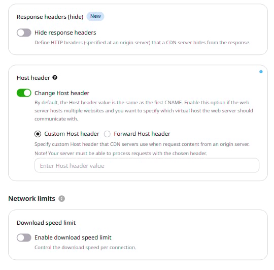 Host header section with Custom Host header selected, showing an input field for the host header value