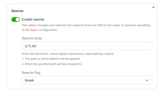 CDN resource Options tab with Rewrite enabled, showing the Rewrite body field and Rewrite flag dropdown