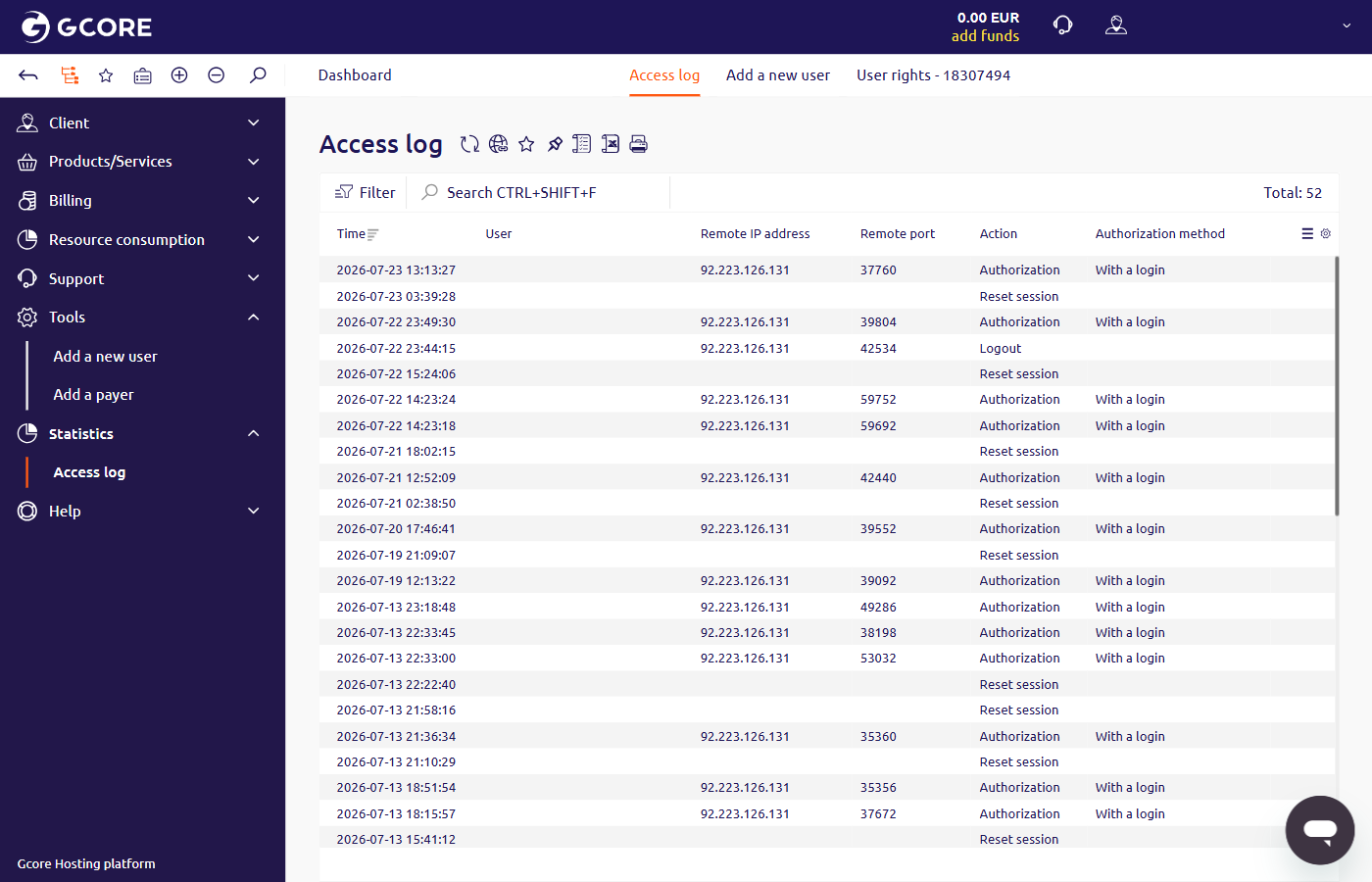 Access log table showing authorization events with time, user, IP, and action columns