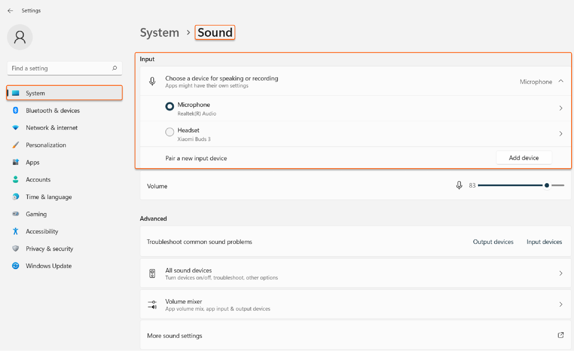 Windows 11 Sound settings with Input devices