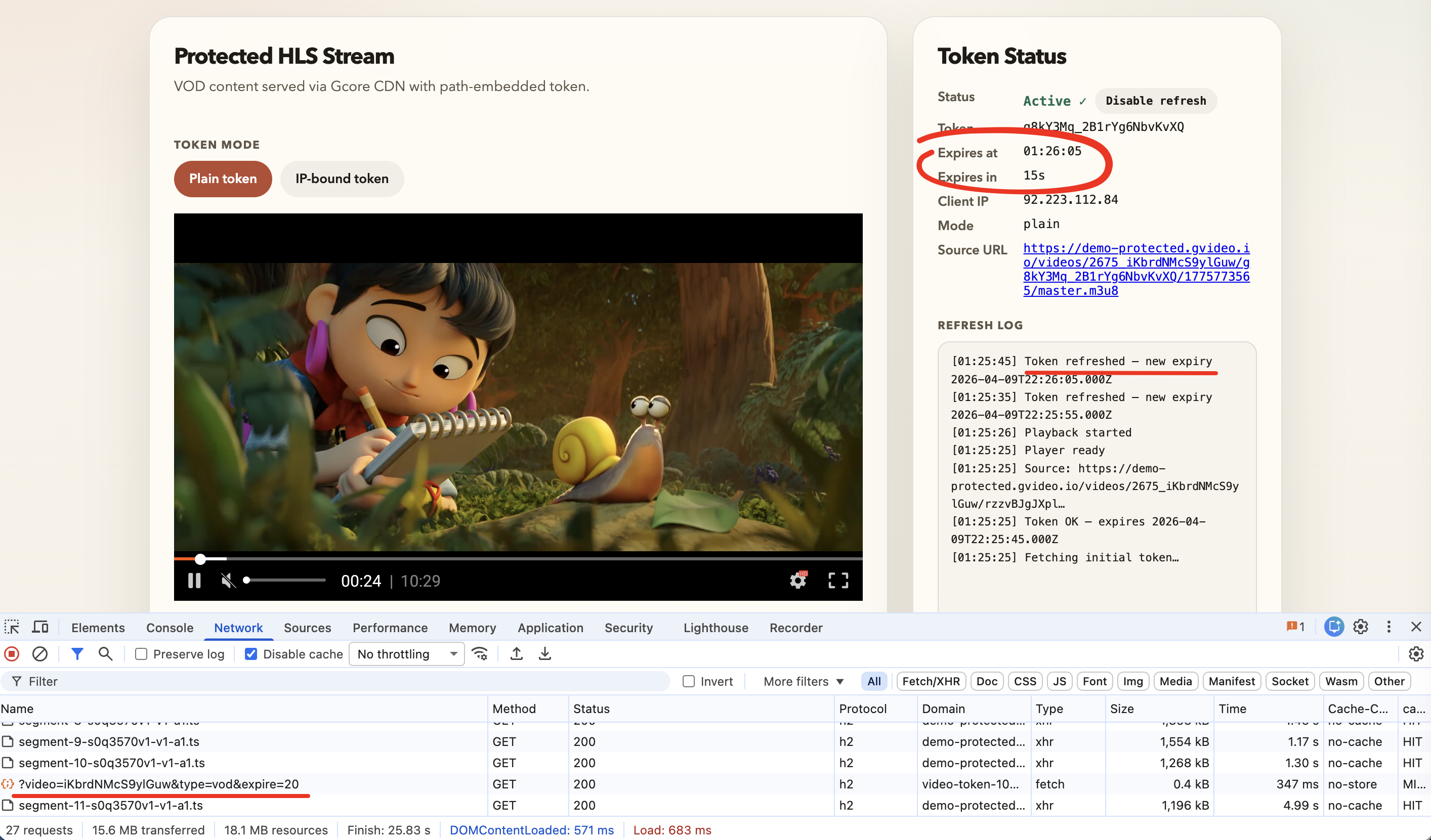 Demo player showing active token status and refresh log with CDN segment requests in devtools