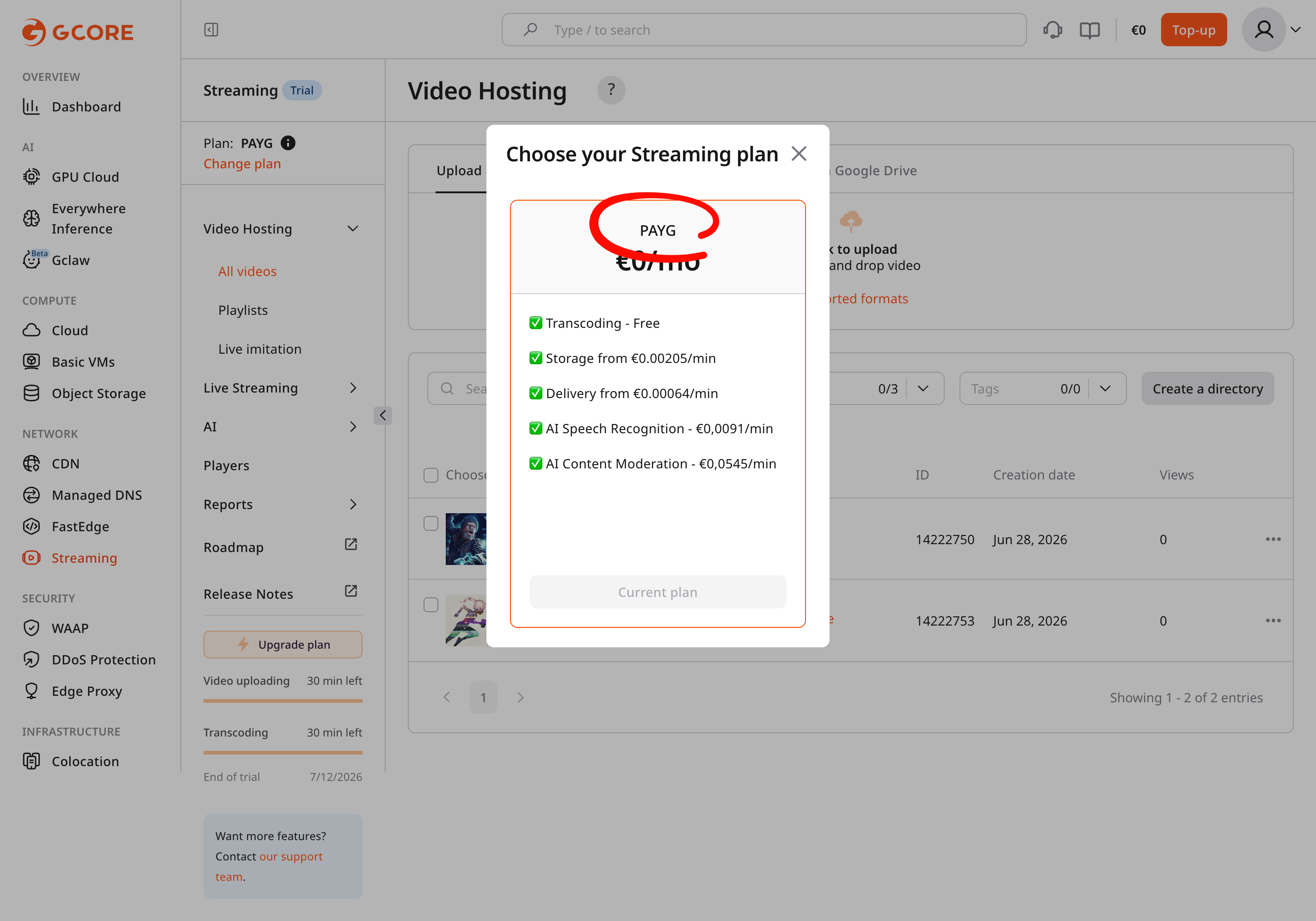 Streaming billing PAYG tariff