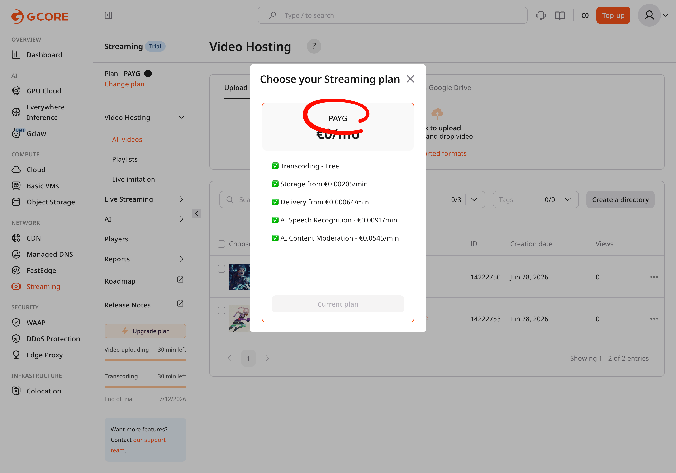 Streaming billing PAYG tariff