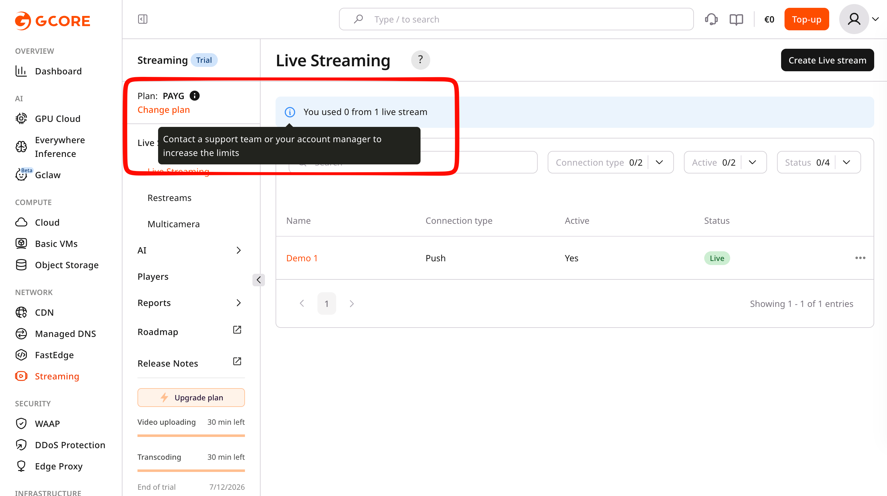 Example of live streaming limits on trial