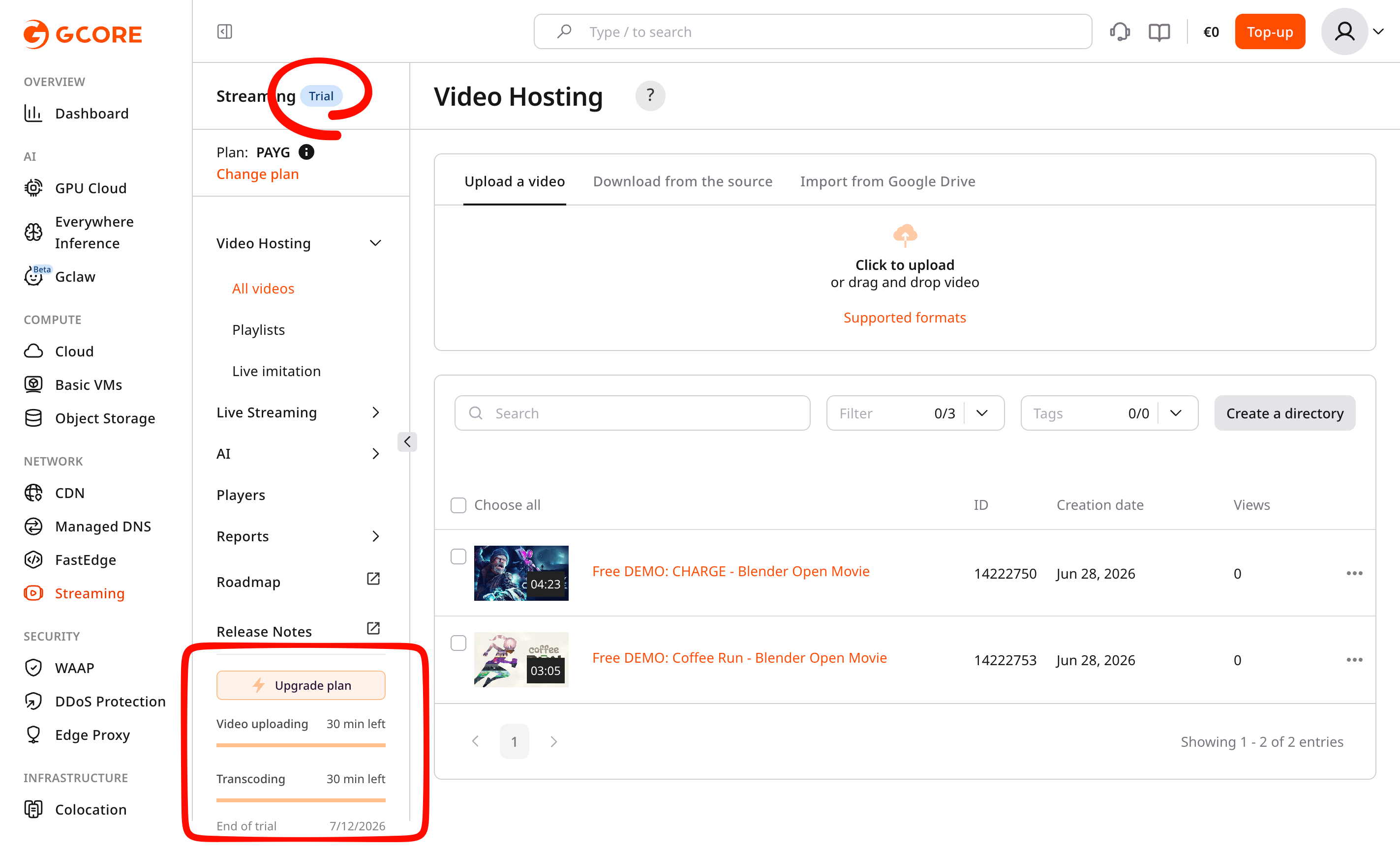 Example of a trial parameters notification in the Customer Portal