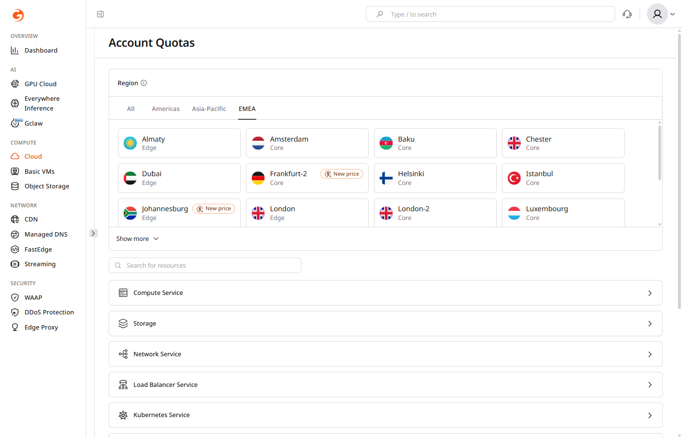 Account Quotas page with region selector tabs and collapsible service groups