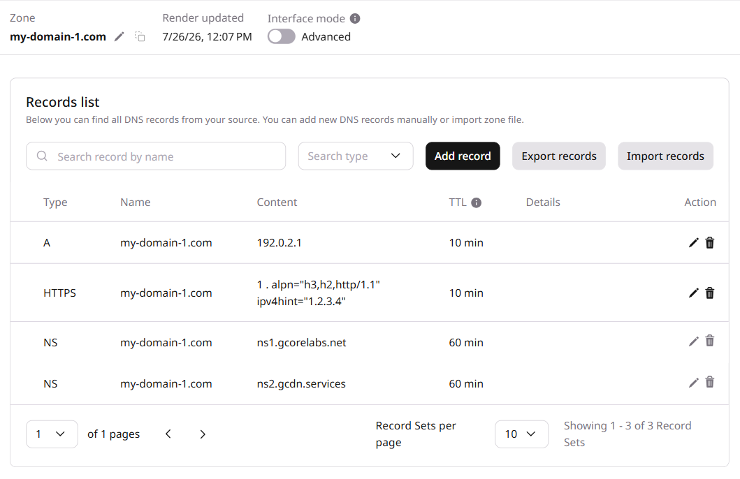 DNS zone records in the Gcore Customer Portal