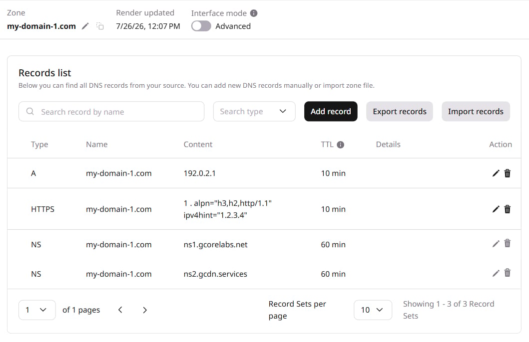 DNS zone records in the Gcore Customer Portal