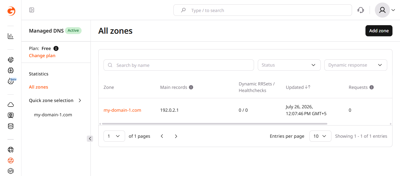 All zones page in the Gcore Customer Portal