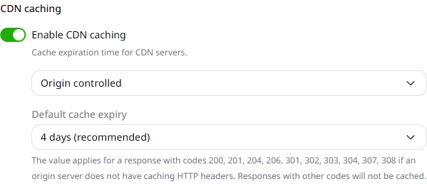 CDN caching settings with Origin controlled mode and default cache expiry