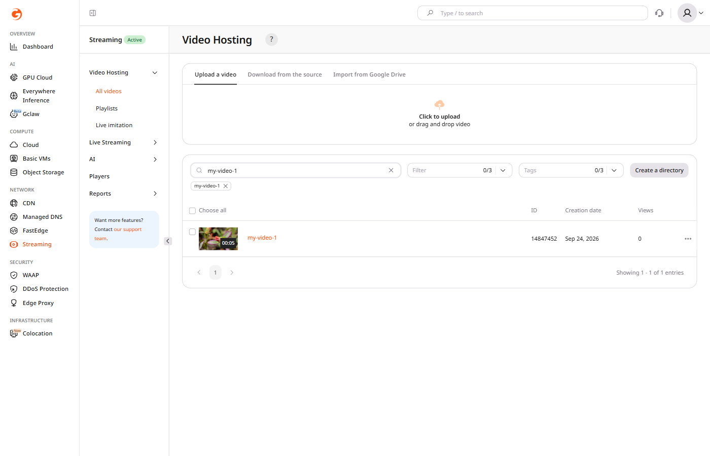 All videos list in Video Hosting