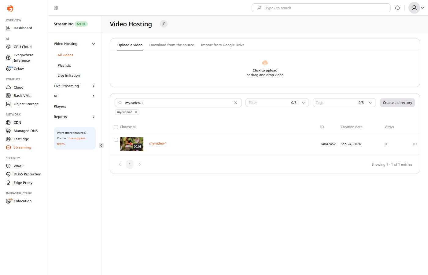 All videos list in Video Hosting