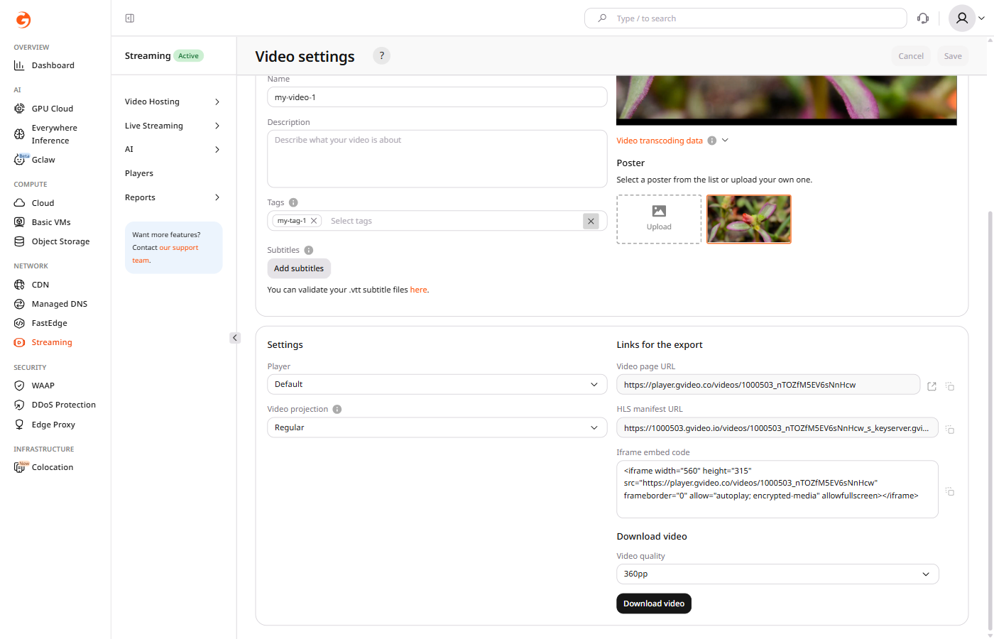 Video settings page with the Download video section