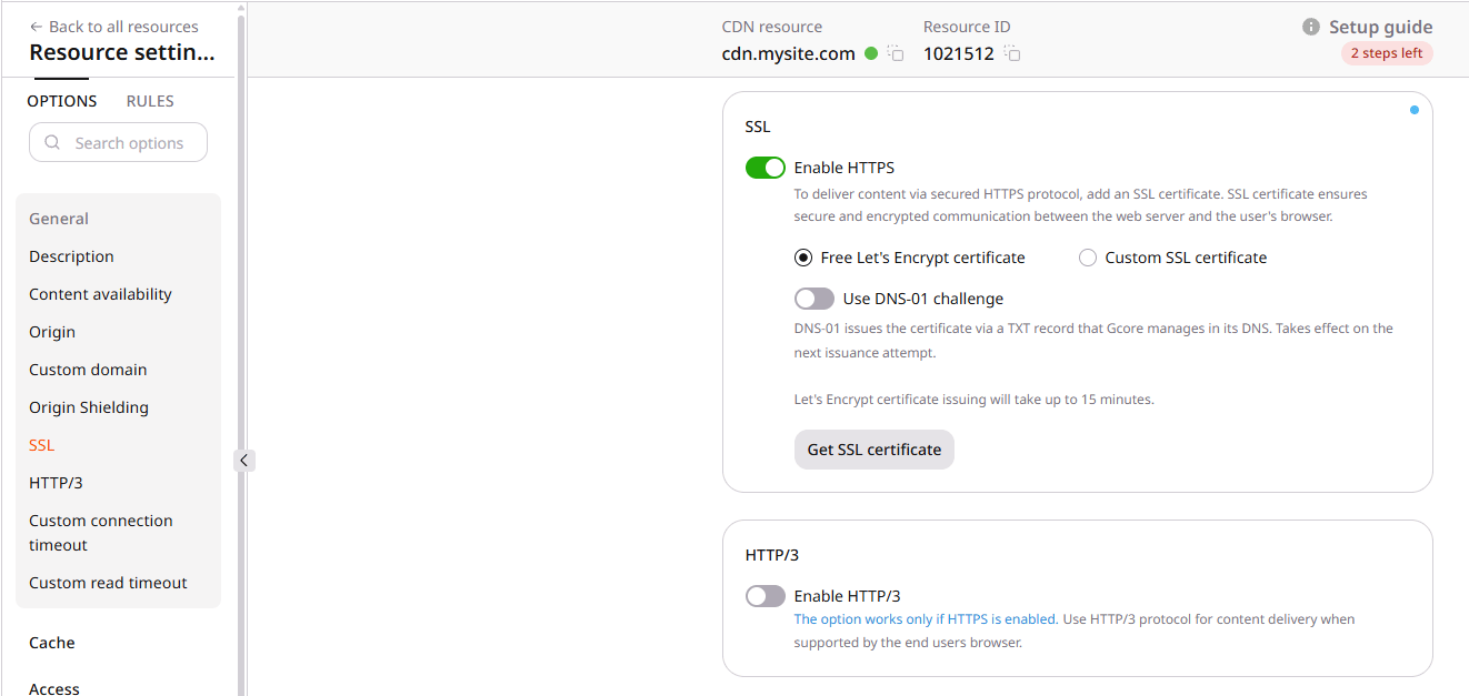 Enable HTTPS and certificate type in SSL settings