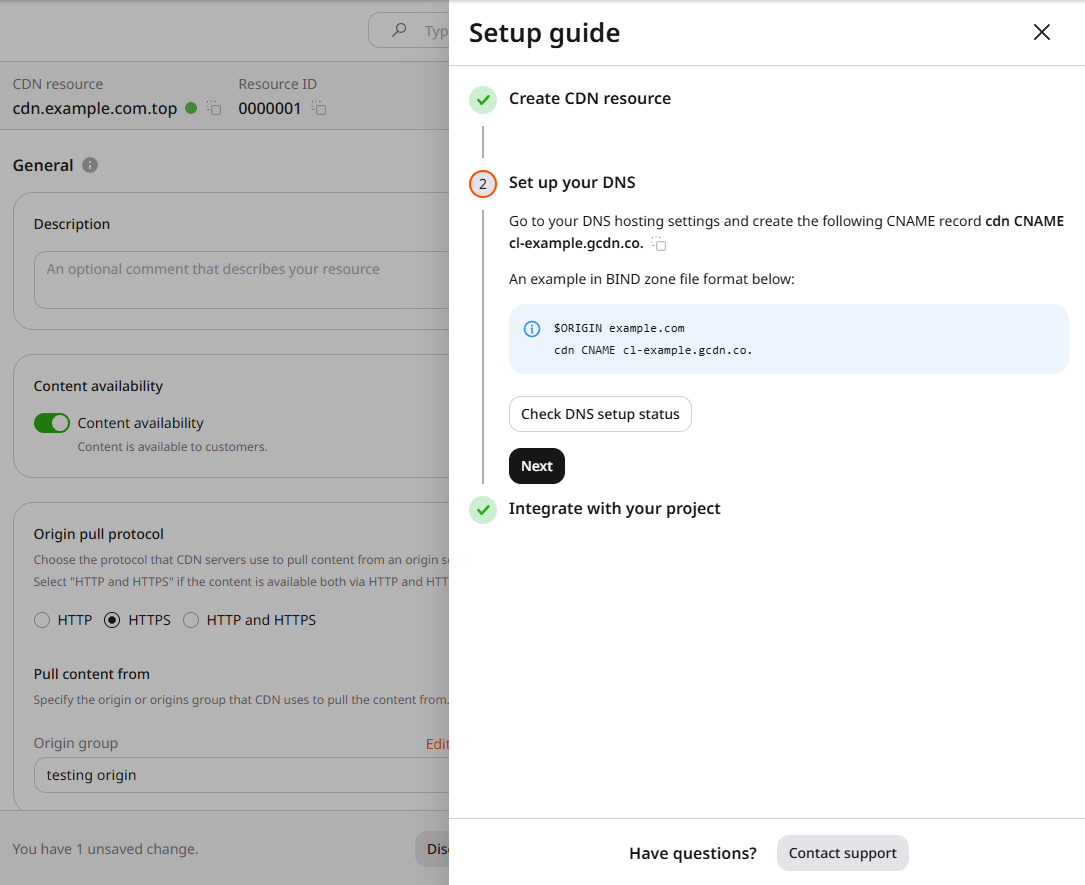 Check DNS setup status in the Setup guide