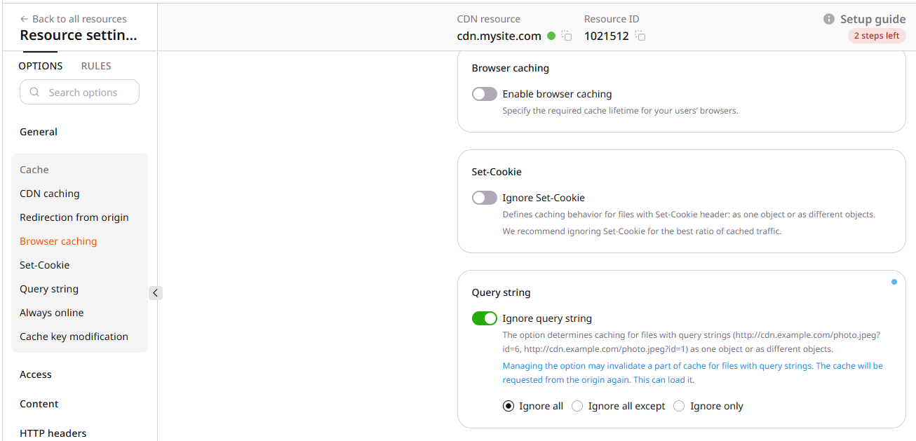 Query string and Set-Cookie cache options