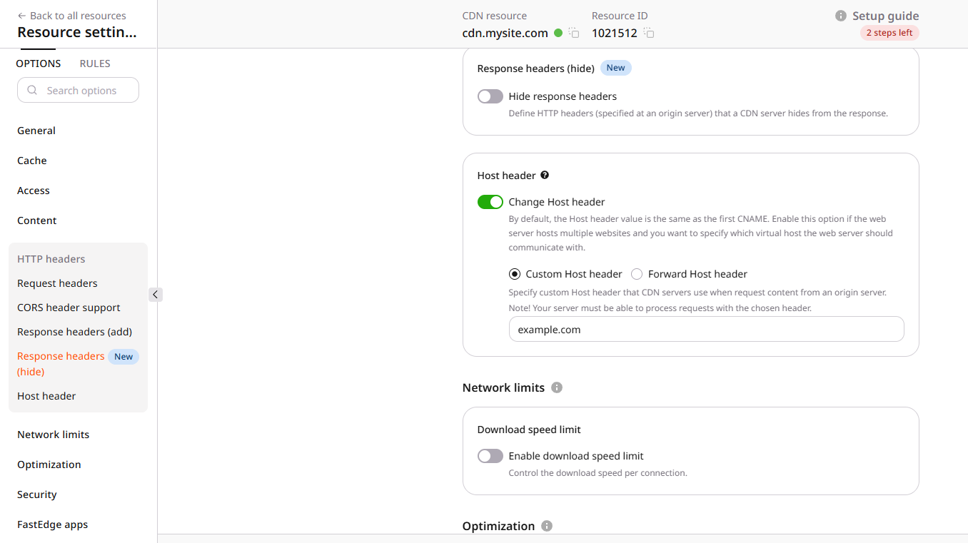 Host header option in resource settings