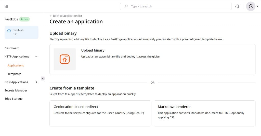 Create an application page showing Upload binary and Create from a template sections with Geolocation-based redirect and Markdown renderer cards