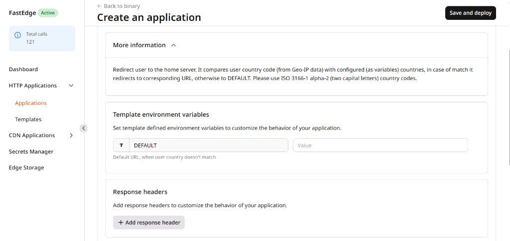 Geolocation-based redirect form with DEFAULT field and Response headers section