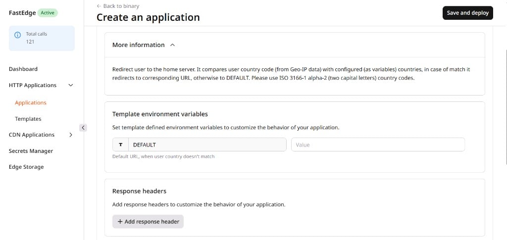 Geolocation-based redirect form with DEFAULT field and Response headers section