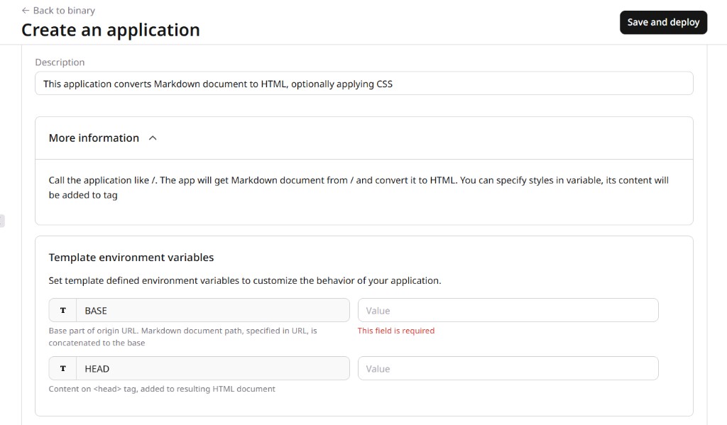 Markdown renderer form with BASE required field and optional HEAD field