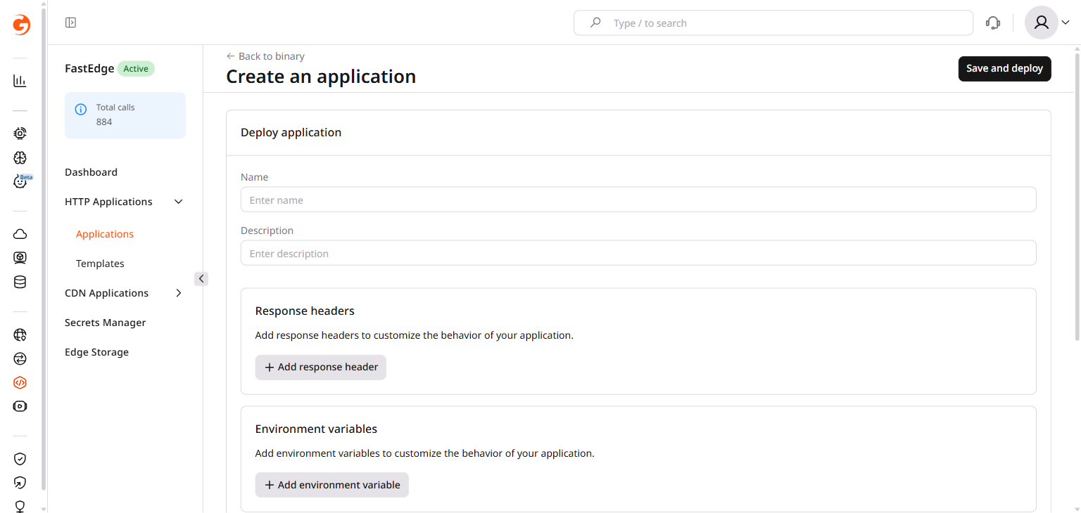 Deploy application form with response headers and environment variables sections