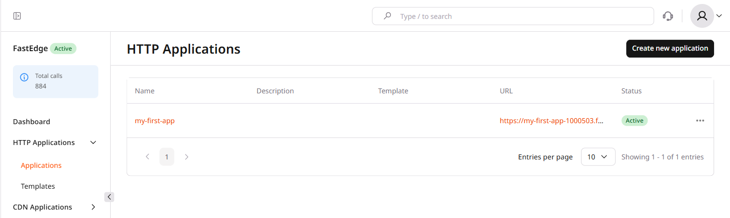 HTTP Applications list with Name, URL, and Status columns