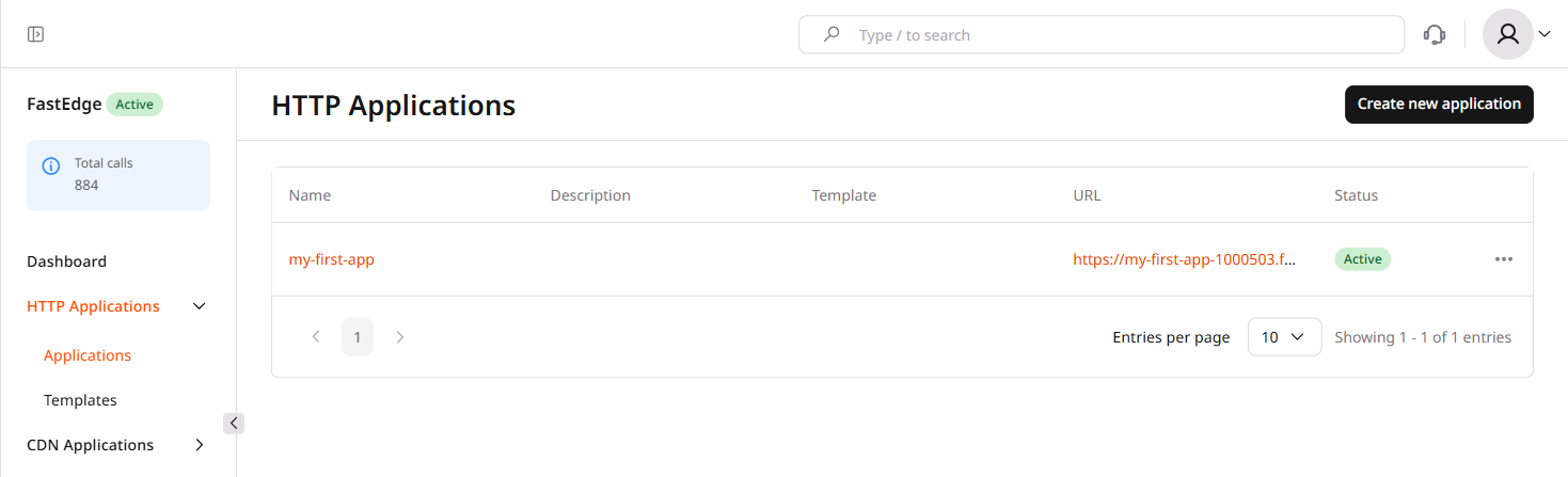 HTTP Applications list with the Create new application button