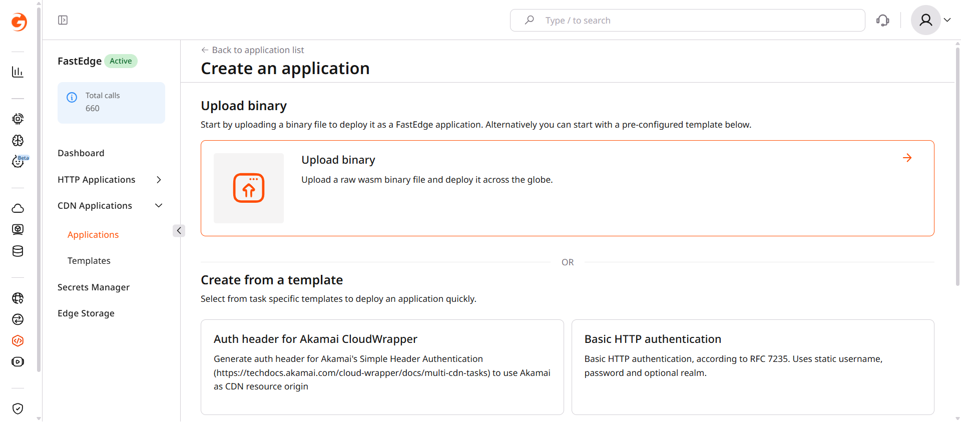 Create application page with Upload binary card and template options