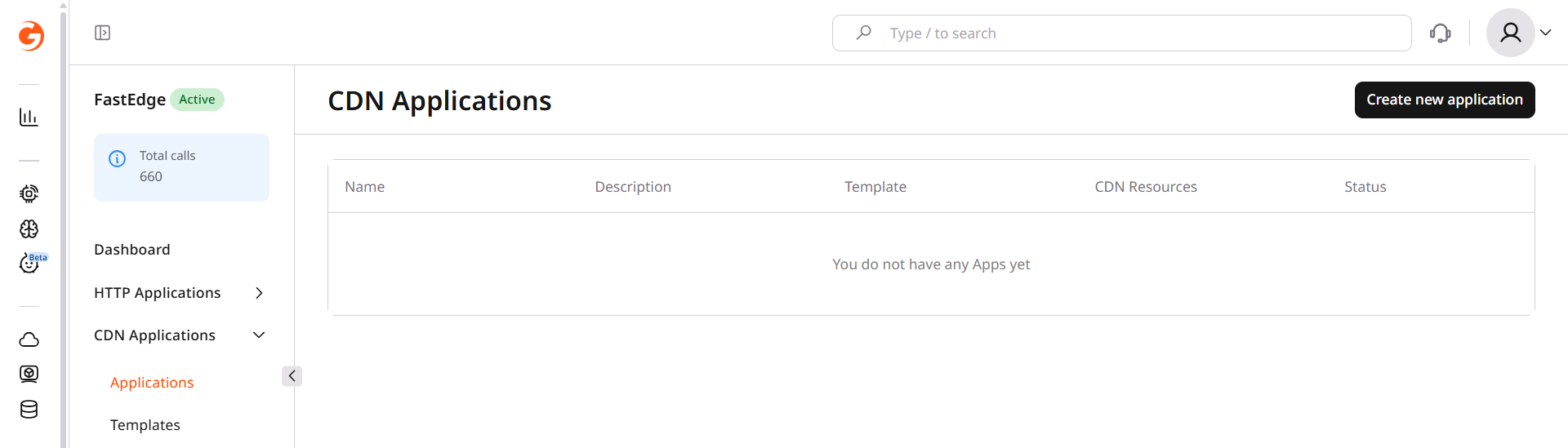 CDN Applications page with Create new application button