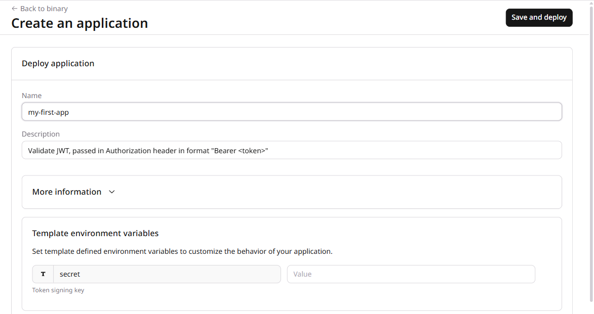 JWT template configuration form with Name and environment variables fields