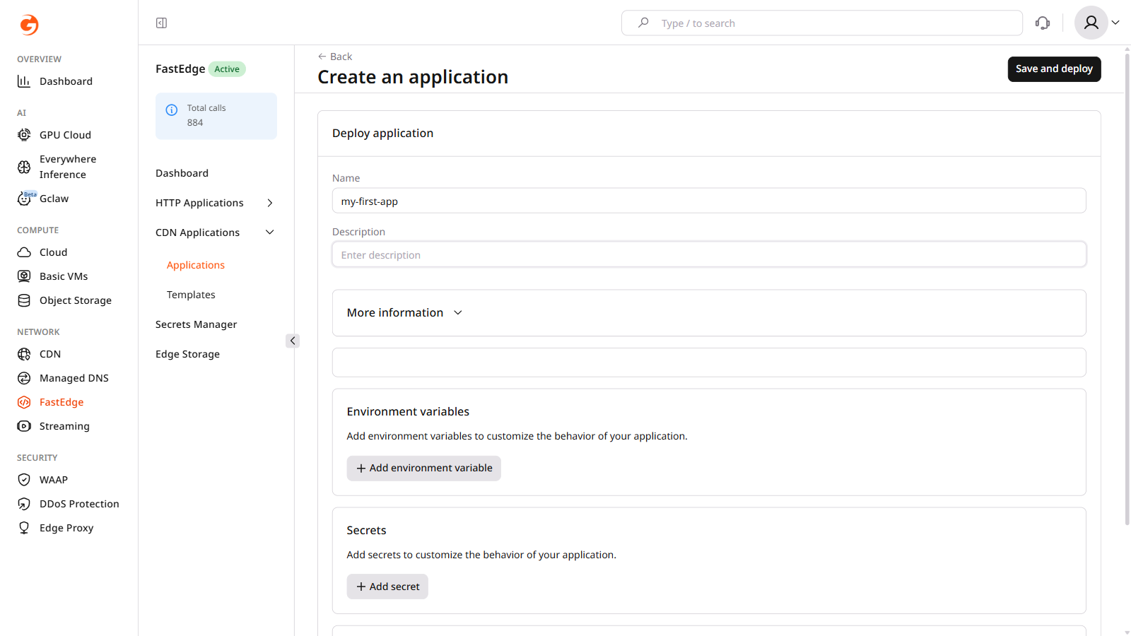 Custom app configuration form with Name, environment variables, and Secrets fields