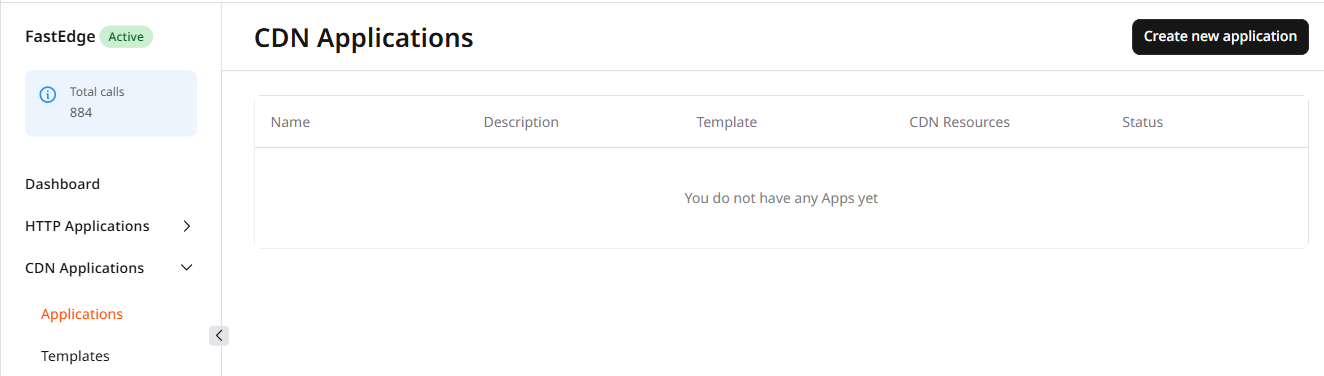 CDN Applications page with Create new application button