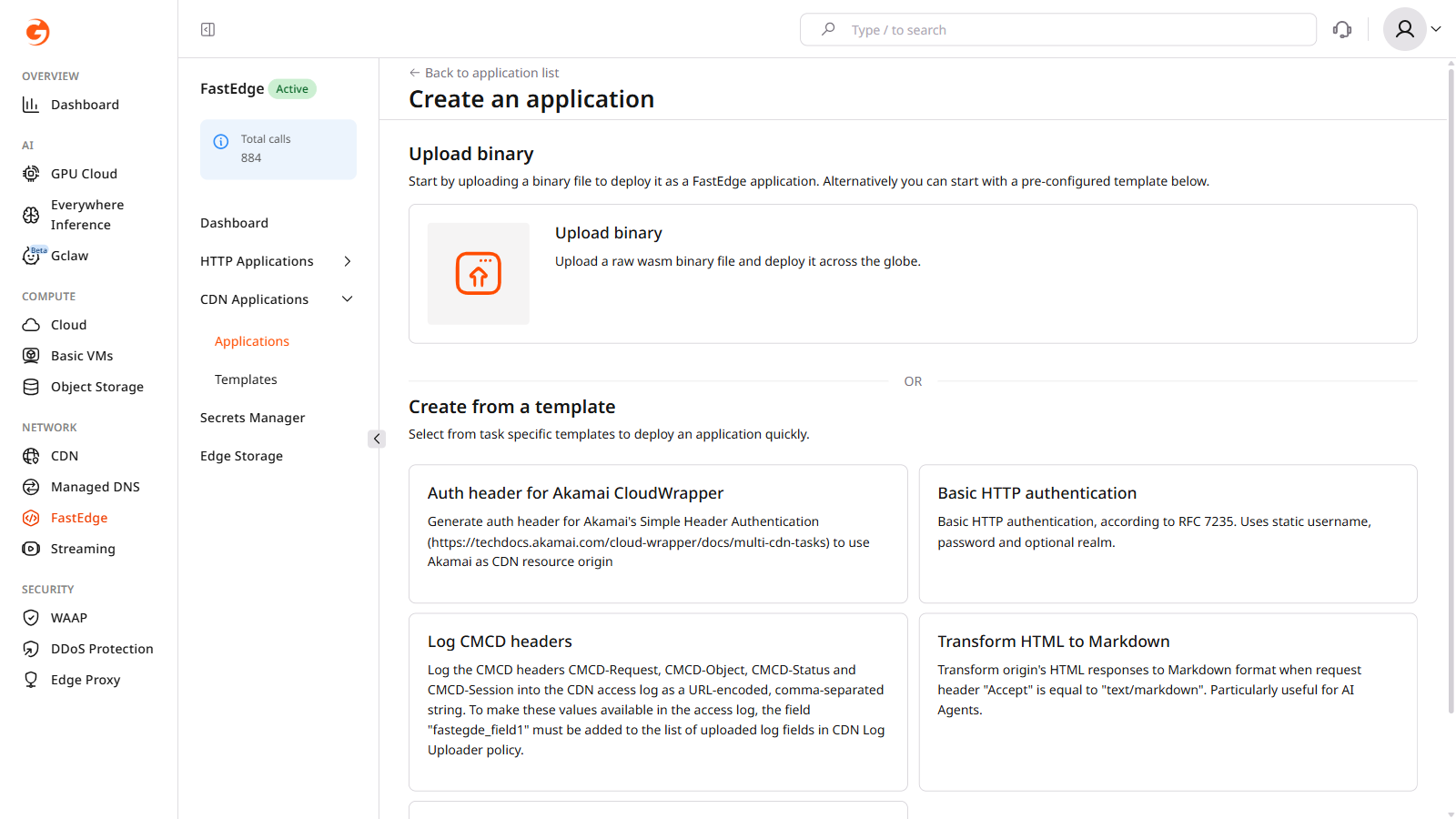 Create application page with Upload binary card