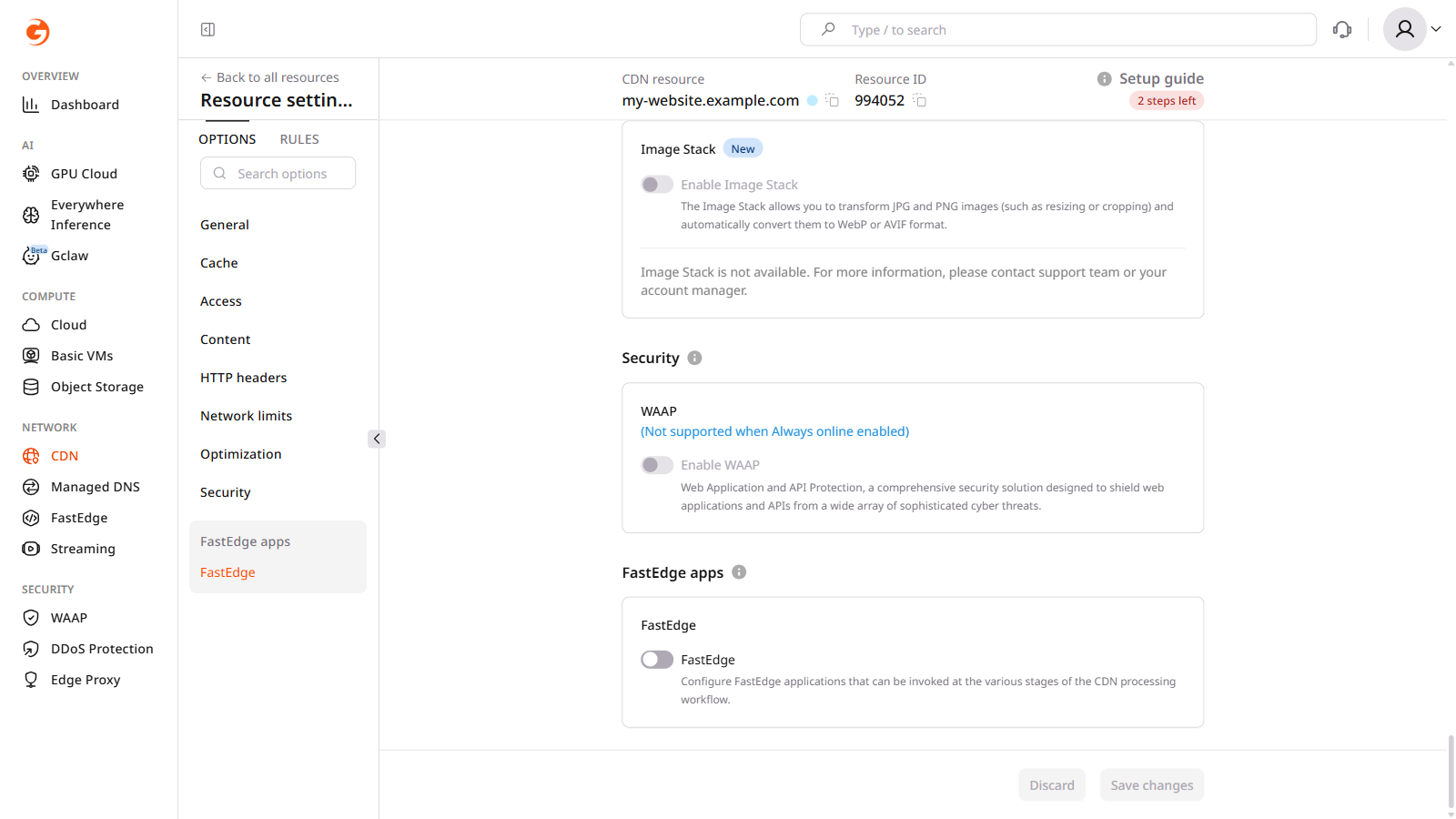 CDN resource settings showing FastEdge apps section with event toggles