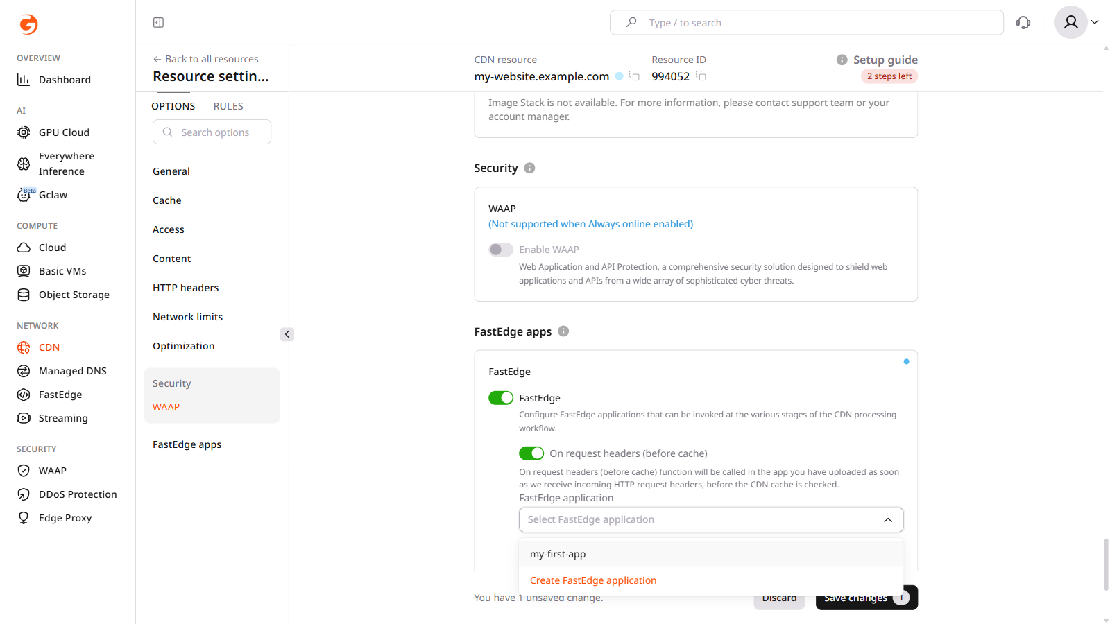 FastEdge apps section with On request headers enabled and application dropdown