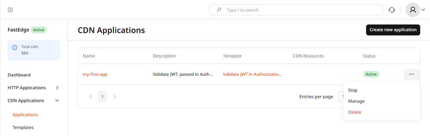 CDN Applications list with three-dot menu open showing Delete option