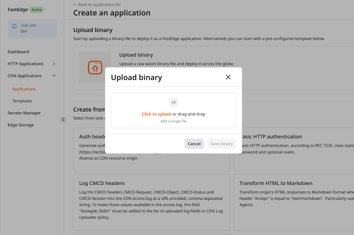 File selection dialog for uploading a binary