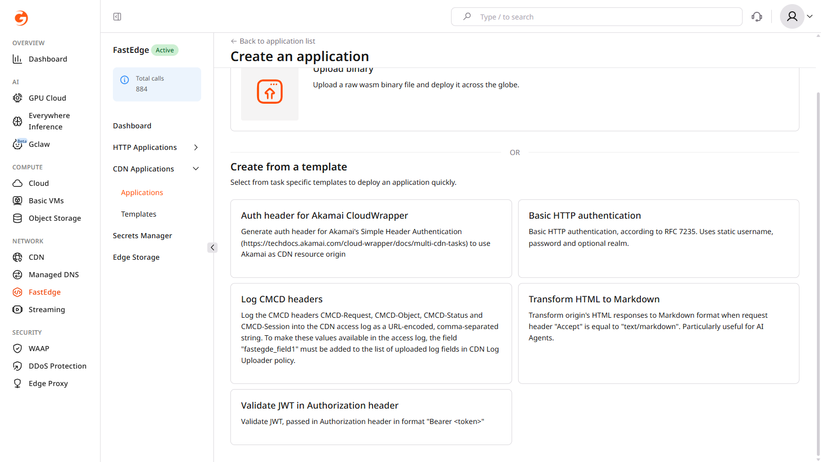 Create from a template section showing Validate JWT template option
