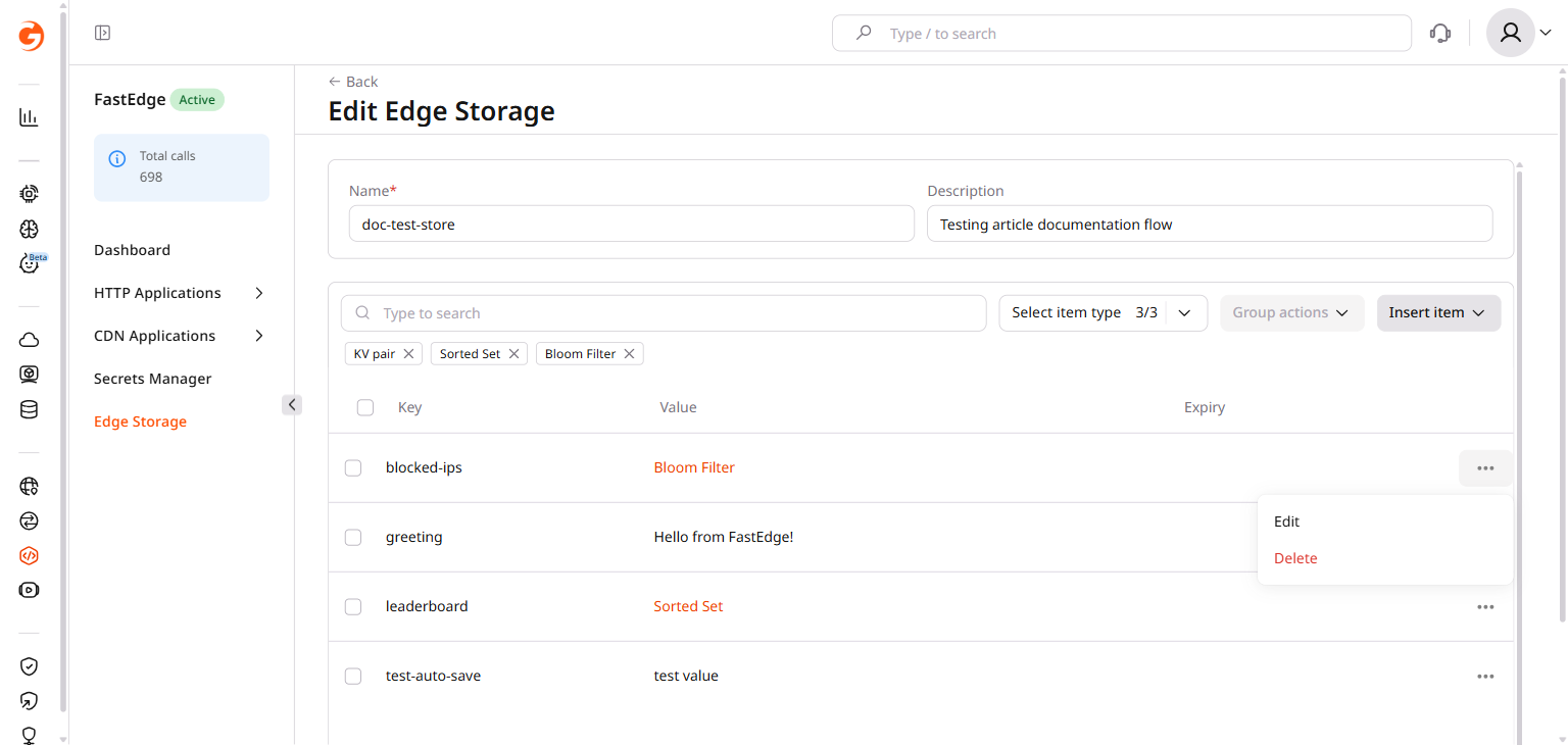 Edge Storage store view with three-dot menu open on a Bloom Filter row showing Edit and Delete options