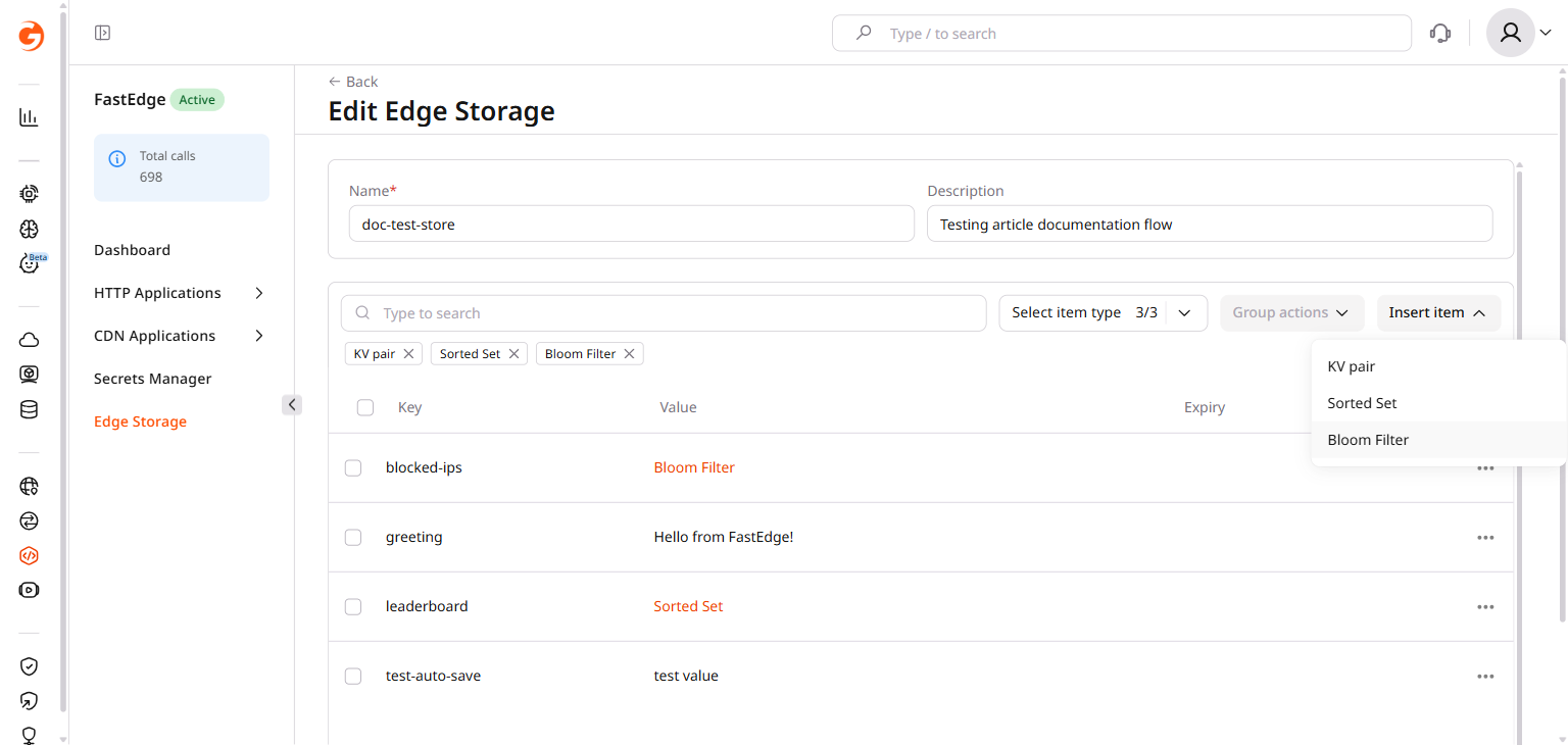 Edge Storage store view with Insert item dropdown showing Bloom Filter option