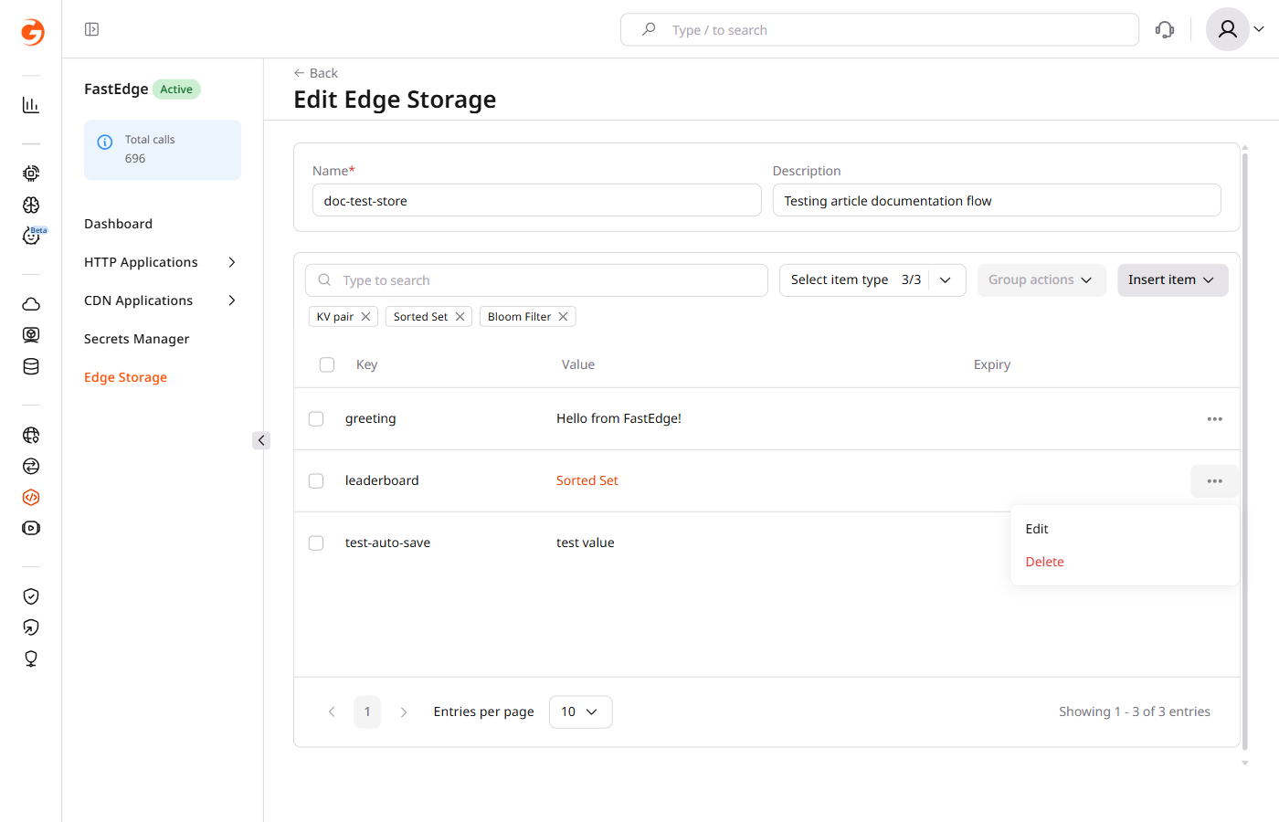 Edge Storage store view with three-dot menu open on a sorted set row showing Edit and Delete options