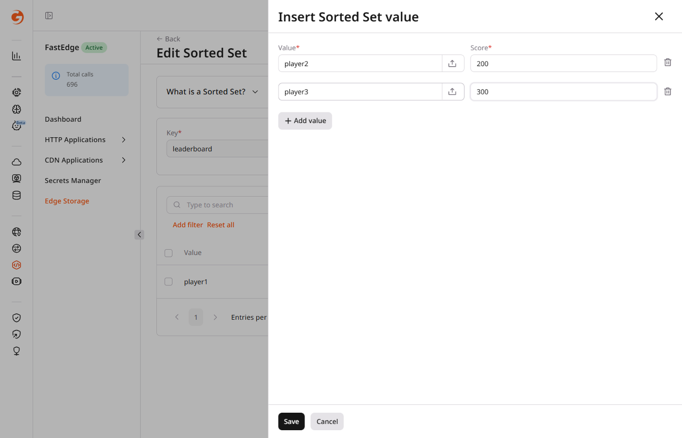 Insert Sorted Set value panel with Value and Score fields and Add value button