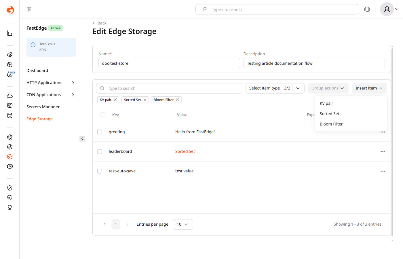 Edge Storage store view with Insert item dropdown showing Sorted Set option